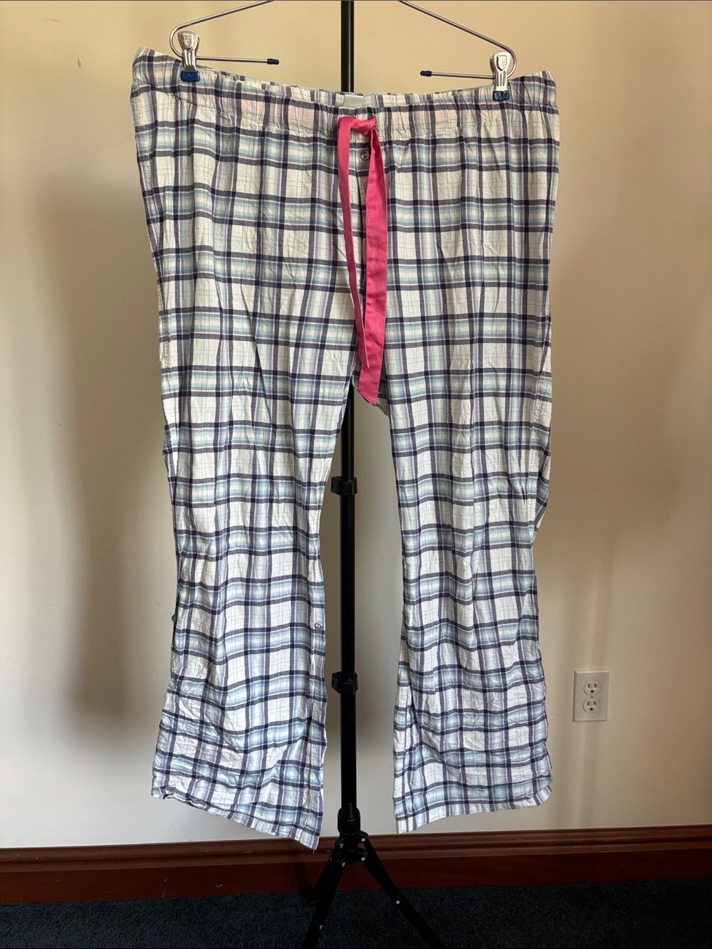 Motherhood White & Navy Plaid Pajama Pants with Pink Drawstring
